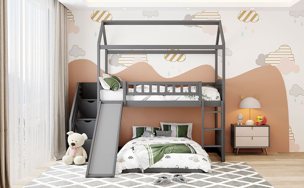 Gray Twin Over Twin Playhouse Perpendicular Bunk Bed With Slide By Homeroots | Beds | Modishstore - 7