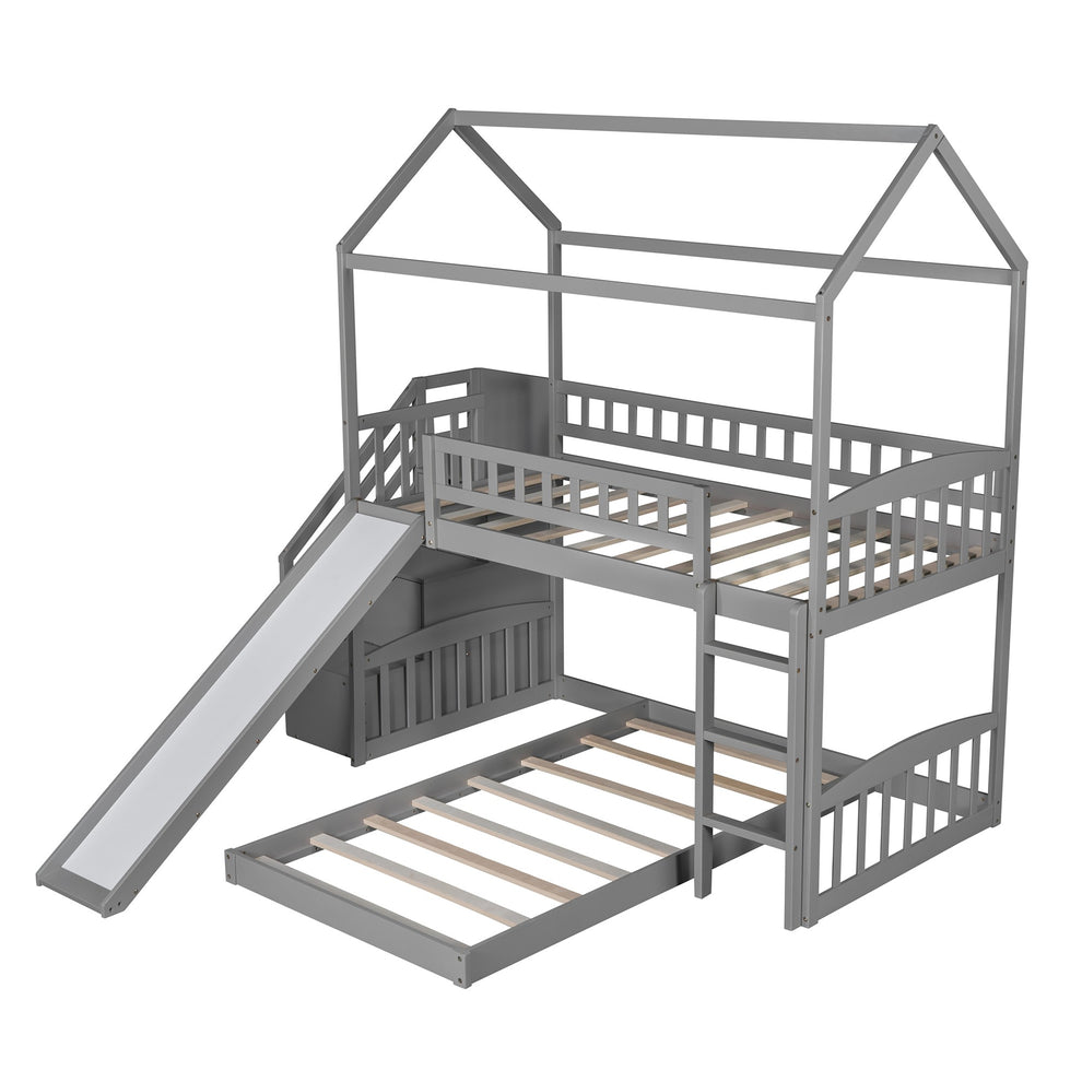 Gray Twin Over Twin Playhouse Perpendicular Bunk Bed With Slide By Homeroots | Beds | Modishstore - 9