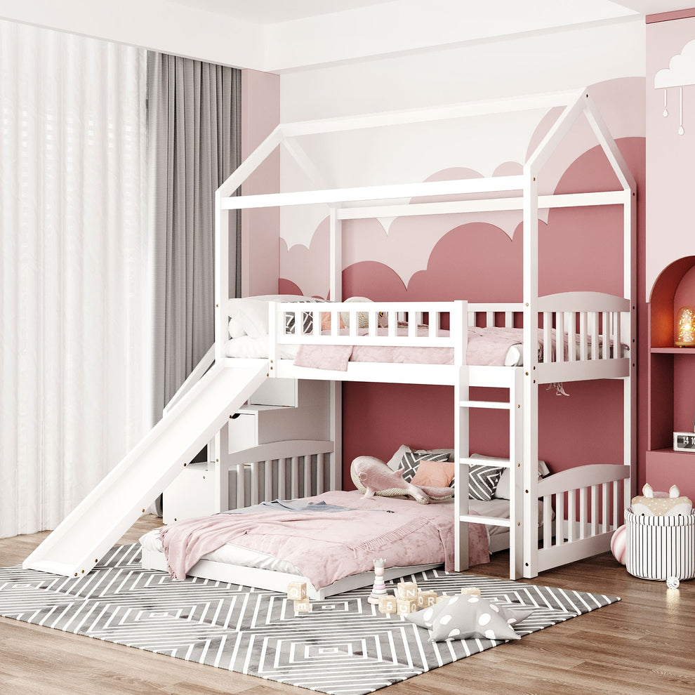 Gray Twin Over Twin Playhouse Perpendicular Bunk Bed With Slide By Homeroots | Beds | Modishstore - 11