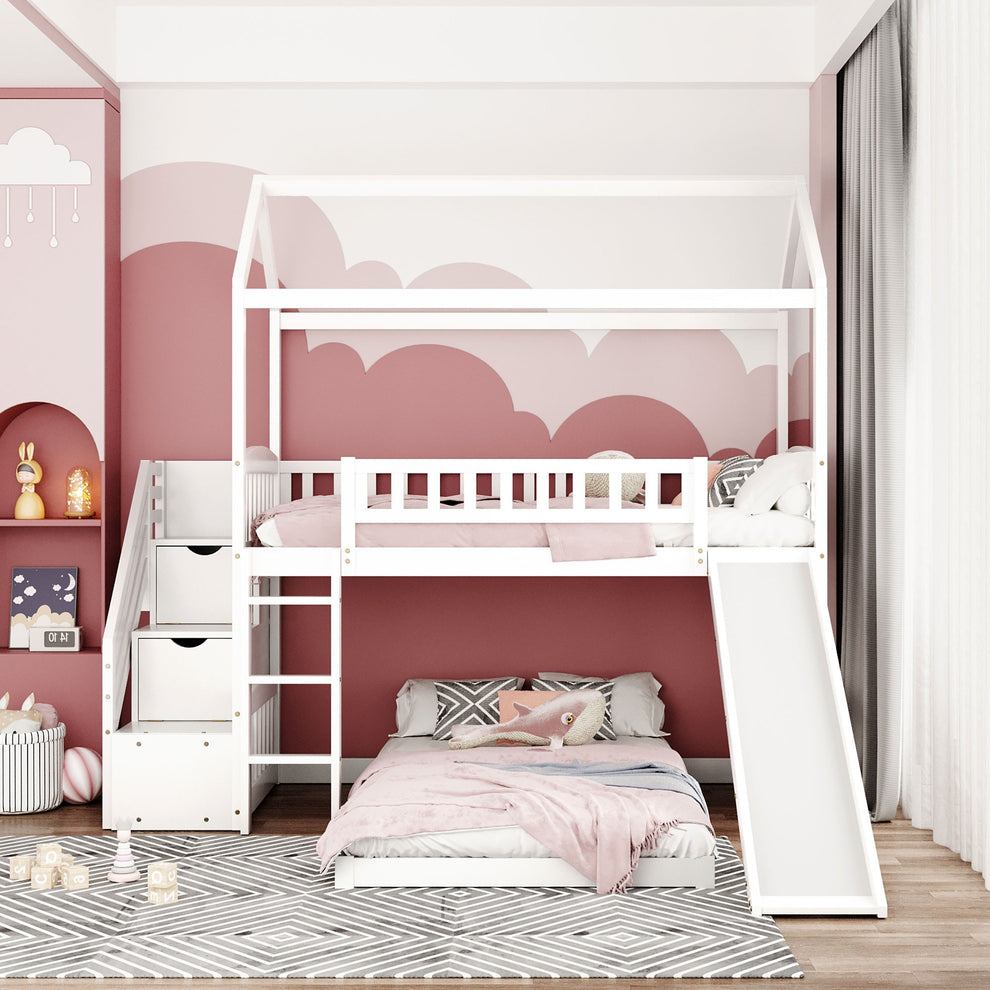Gray Twin Over Twin Playhouse Perpendicular Bunk Bed With Slide By Homeroots | Beds | Modishstore - 12