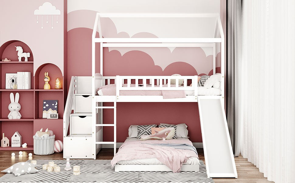 Gray Twin Over Twin Playhouse Perpendicular Bunk Bed With Slide By Homeroots | Beds | Modishstore - 15