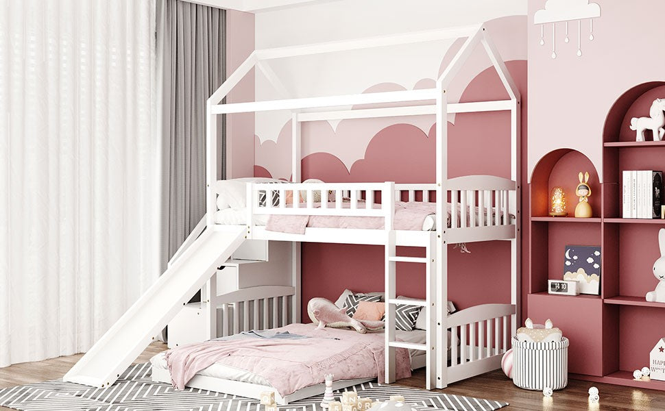 Gray Twin Over Twin Playhouse Perpendicular Bunk Bed With Slide By Homeroots | Beds | Modishstore - 17