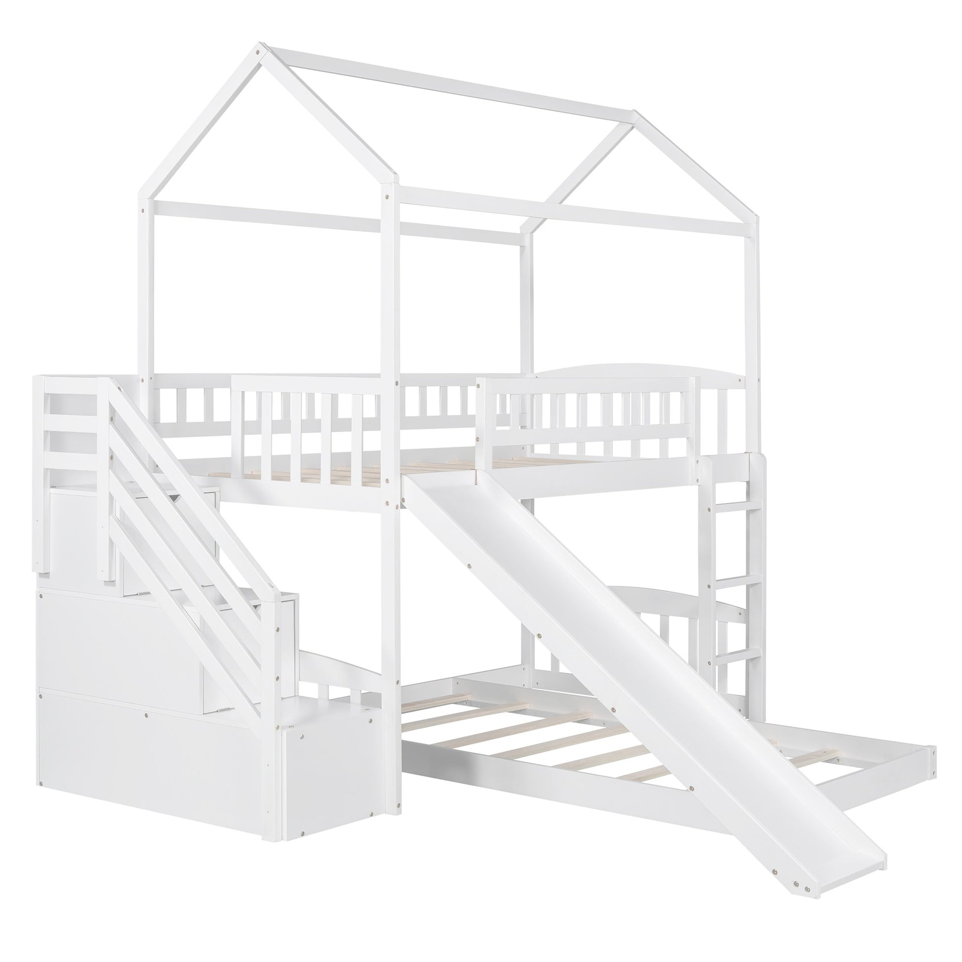 Gray Twin Over Twin Playhouse Perpendicular Bunk Bed With Slide By Homeroots | Beds | Modishstore - 18