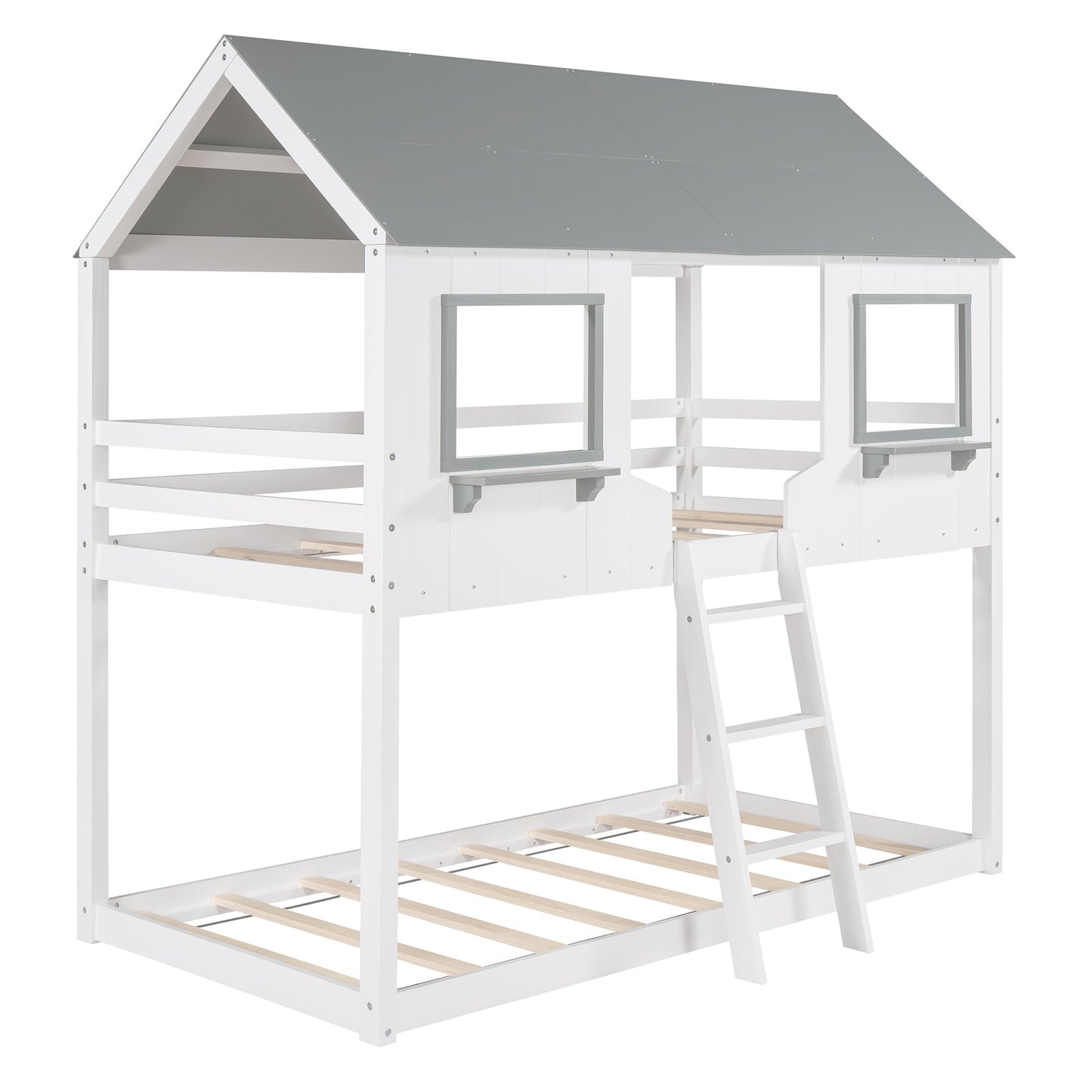 White And Dark Gray Twin Over Twin Doll House Bunk Bed By Homeroots | Beds | Modishstore - 3