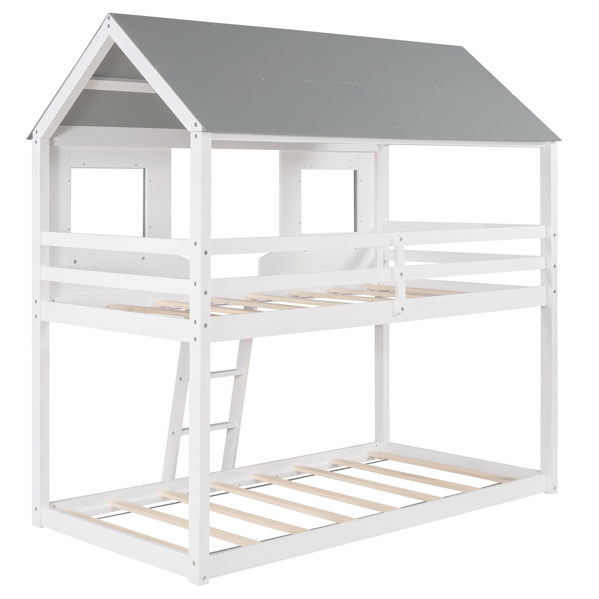 White And Dark Gray Twin Over Twin Doll House Bunk Bed By Homeroots | Beds | Modishstore - 7