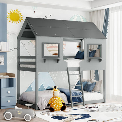 White And Dark Gray Twin Over Twin Doll House Bunk Bed By Homeroots | Beds | Modishstore - 10