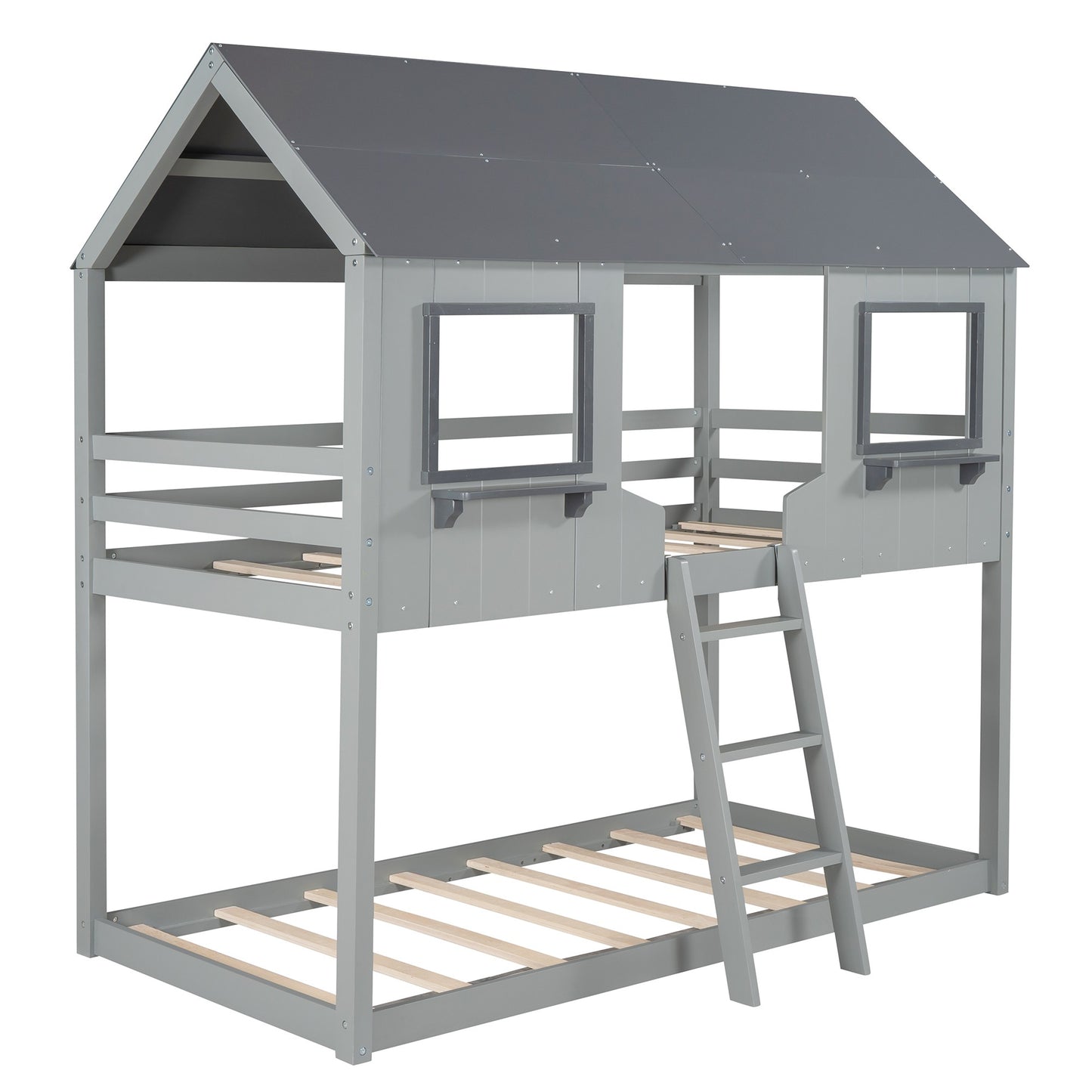 White And Dark Gray Twin Over Twin Doll House Bunk Bed By Homeroots | Beds | Modishstore - 12