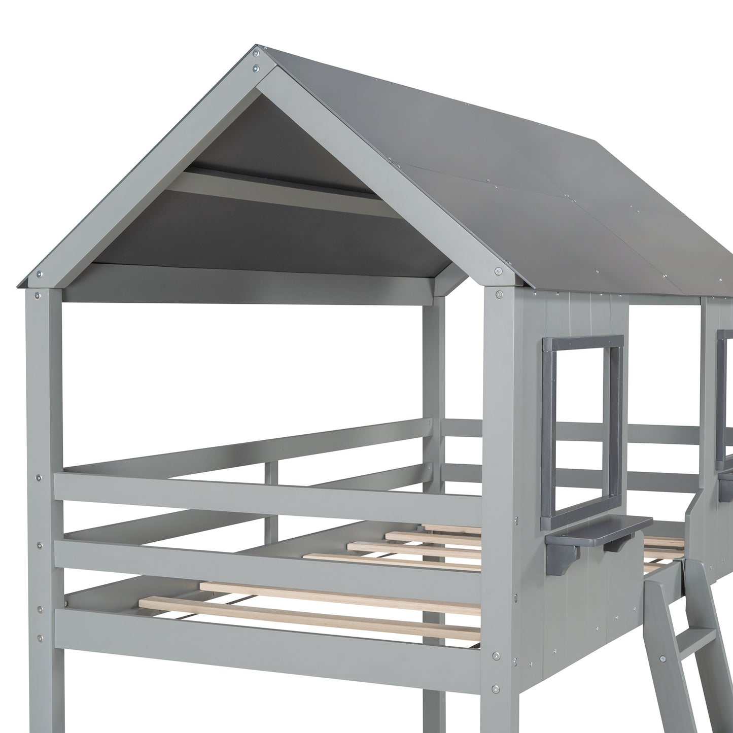 White And Dark Gray Twin Over Twin Doll House Bunk Bed By Homeroots | Beds | Modishstore - 13