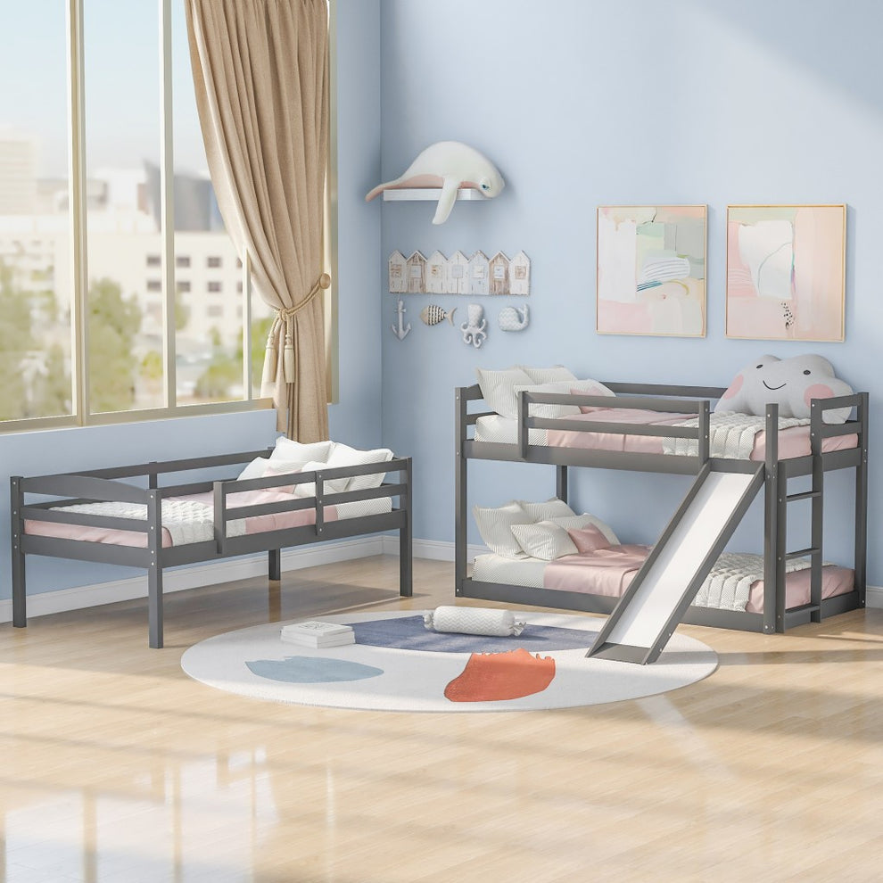 Gray Triple Bunk Twin Sized Bed With Slide By Homeroots | Beds | Modishstore - 2
