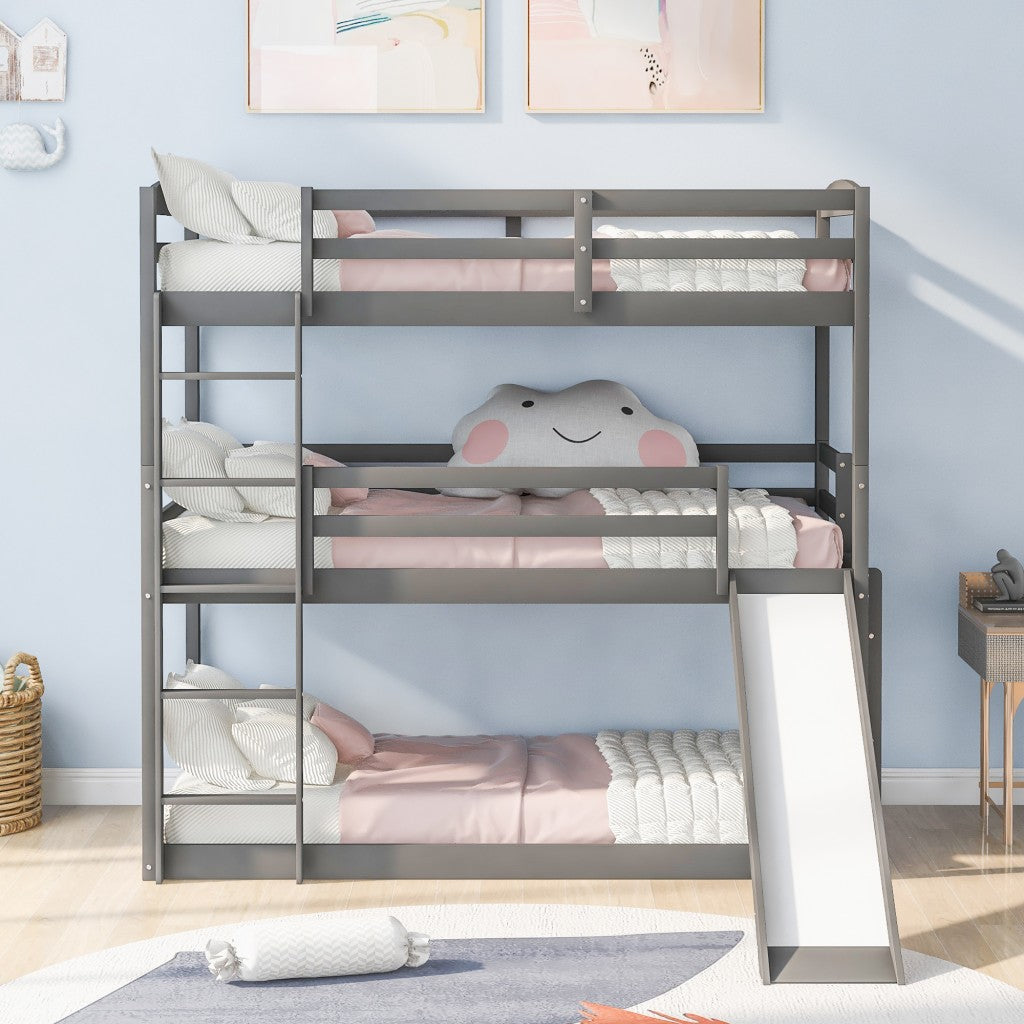 Gray Triple Bunk Twin Sized Bed With Slide By Homeroots | Beds | Modishstore - 3