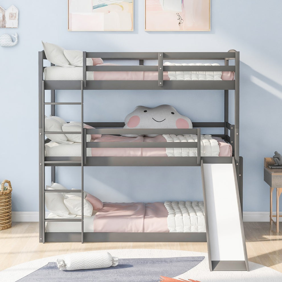 Gray Triple Bunk Twin Sized Bed With Slide By Homeroots | Beds | Modishstore - 3