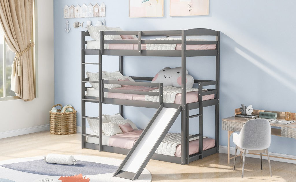 Gray Triple Bunk Twin Sized Bed With Slide By Homeroots | Beds | Modishstore - 4