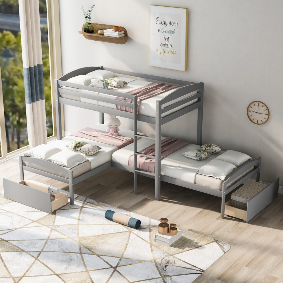 Gray L Shaped Triple Bunk Bed With Drawers By Homeroots | Beds | Modishstore