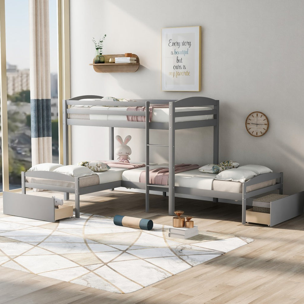 Gray L Shaped Triple Bunk Bed With Drawers By Homeroots | Beds | Modishstore - 2