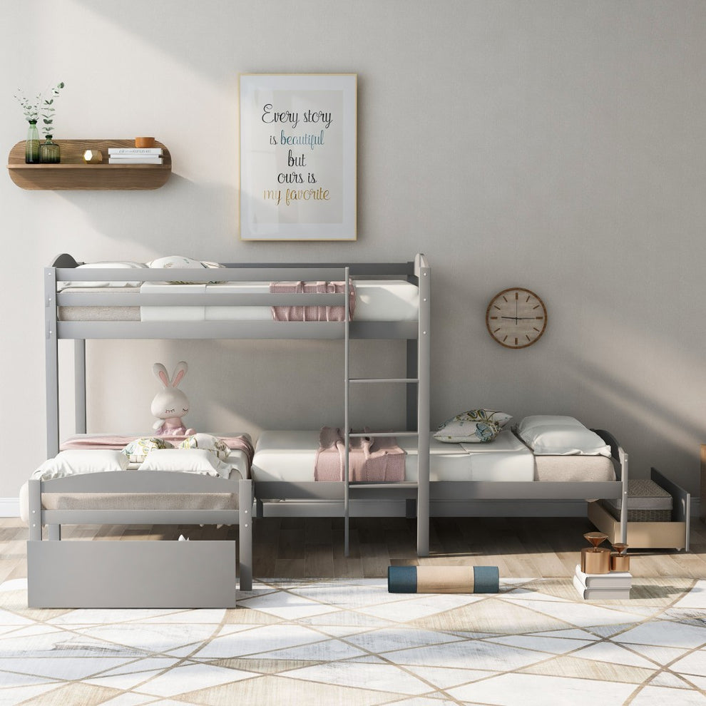 Gray L Shaped Triple Bunk Bed With Drawers By Homeroots | Beds | Modishstore - 3
