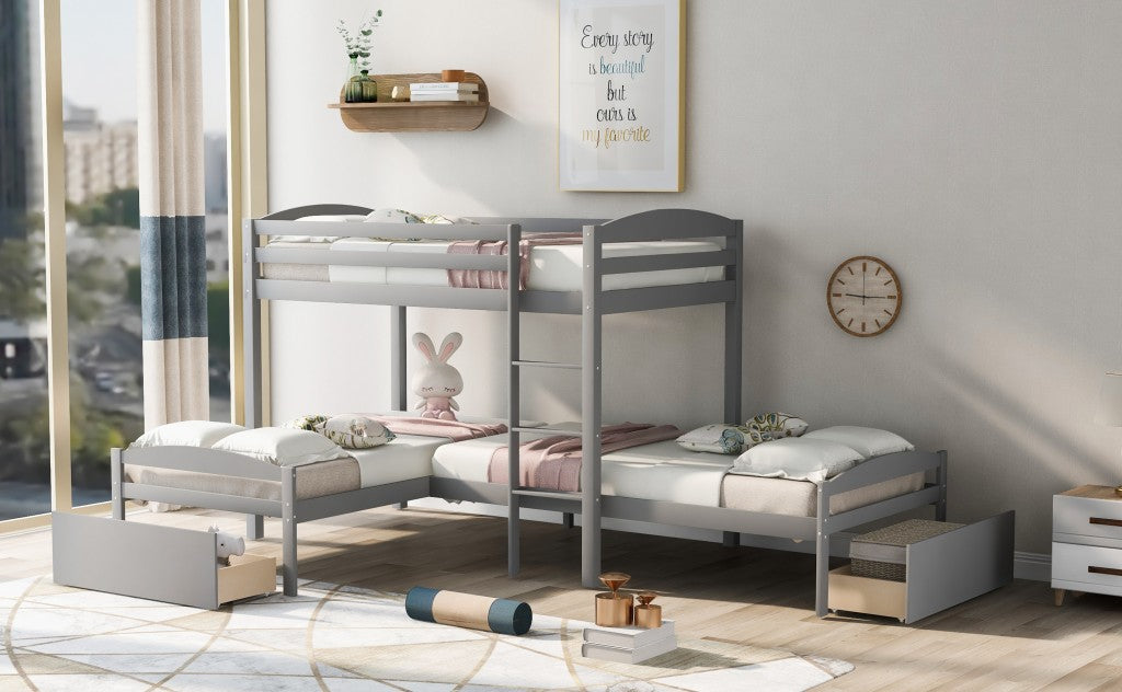 Gray L Shaped Triple Bunk Bed With Drawers By Homeroots | Beds | Modishstore - 4