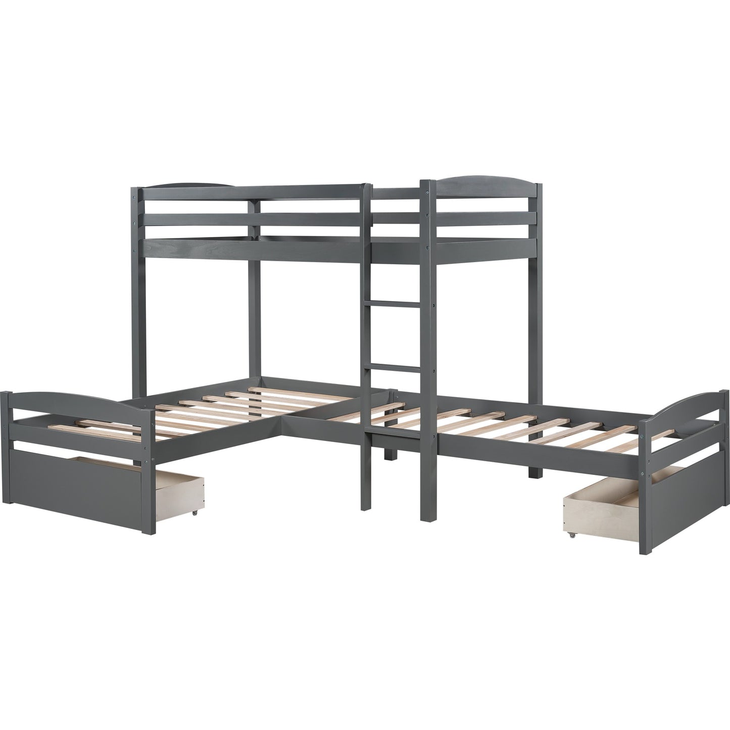 Gray L Shaped Triple Bunk Bed With Drawers By Homeroots | Beds | Modishstore - 5