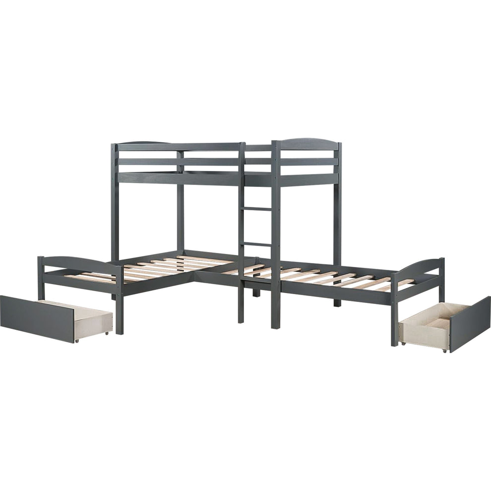 Gray L Shaped Triple Bunk Bed With Drawers By Homeroots | Beds | Modishstore - 6
