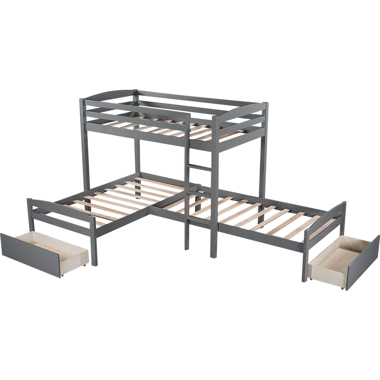 Gray L Shaped Triple Bunk Bed With Drawers By Homeroots | Beds | Modishstore - 7
