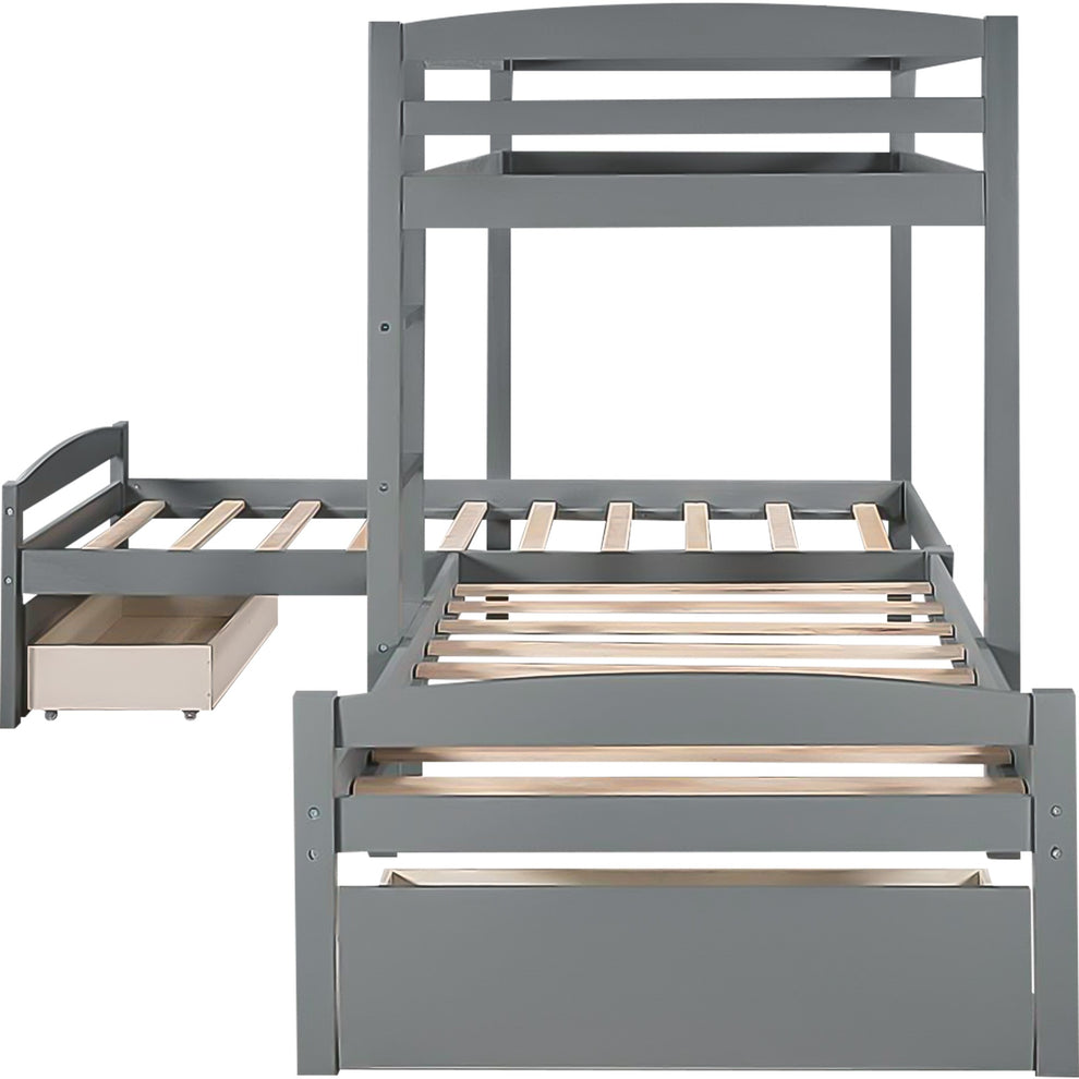 Gray L Shaped Triple Bunk Bed With Drawers By Homeroots | Beds | Modishstore - 9