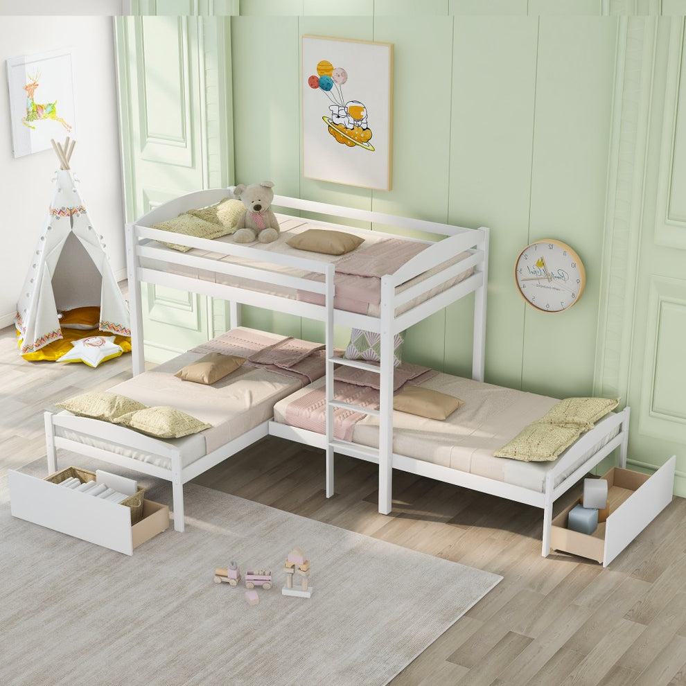 Gray L Shaped Triple Bunk Bed With Drawers By Homeroots | Beds | Modishstore - 11