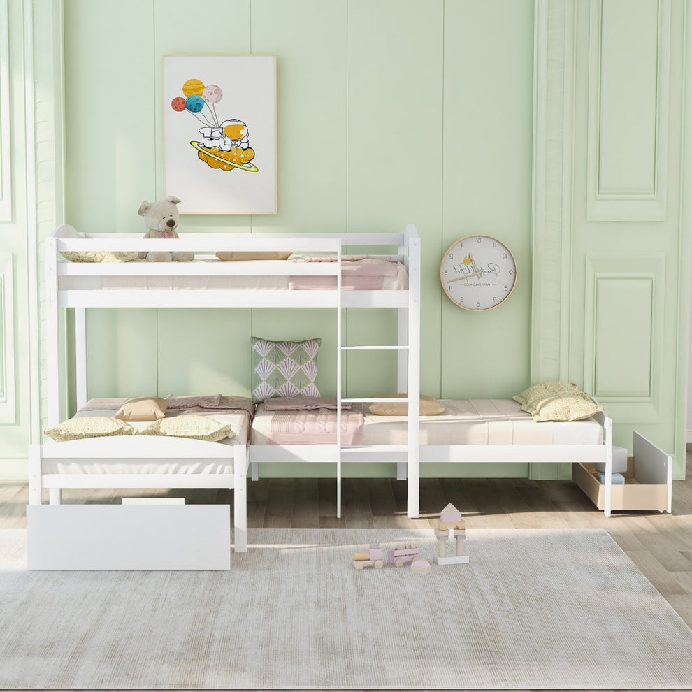 Gray L Shaped Triple Bunk Bed With Drawers By Homeroots | Beds | Modishstore - 12