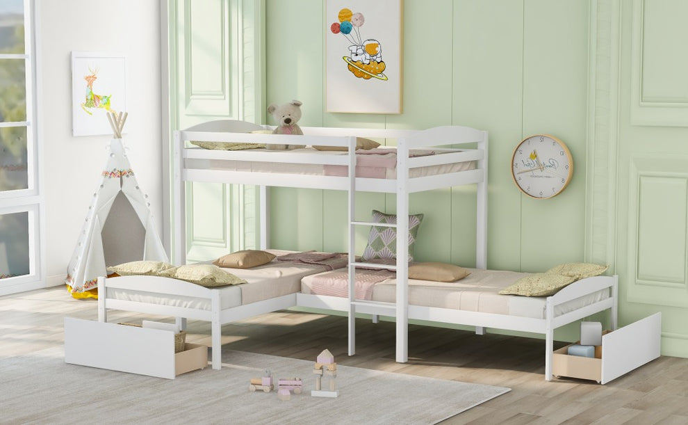 Gray L Shaped Triple Bunk Bed With Drawers By Homeroots | Beds | Modishstore - 13