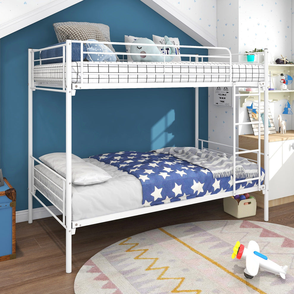 White Heavy Duty Twin Over Full Metal Bunk Bed By Homeroots | Beds | Modishstore - 2