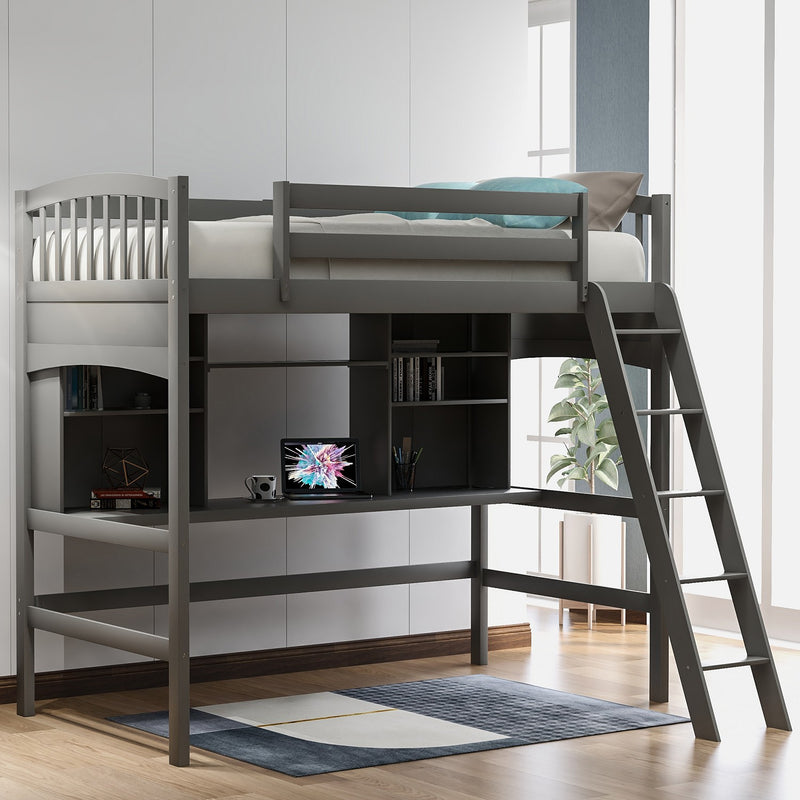 Gray Twin Size Loft Bed With Desk And Shelves By Homeroots | Beds | Modishstore