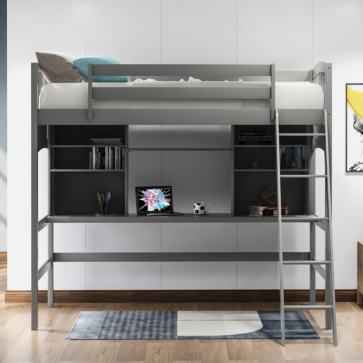 Gray Twin Size Loft Bed With Desk And Shelves By Homeroots | Beds | Modishstore - 2