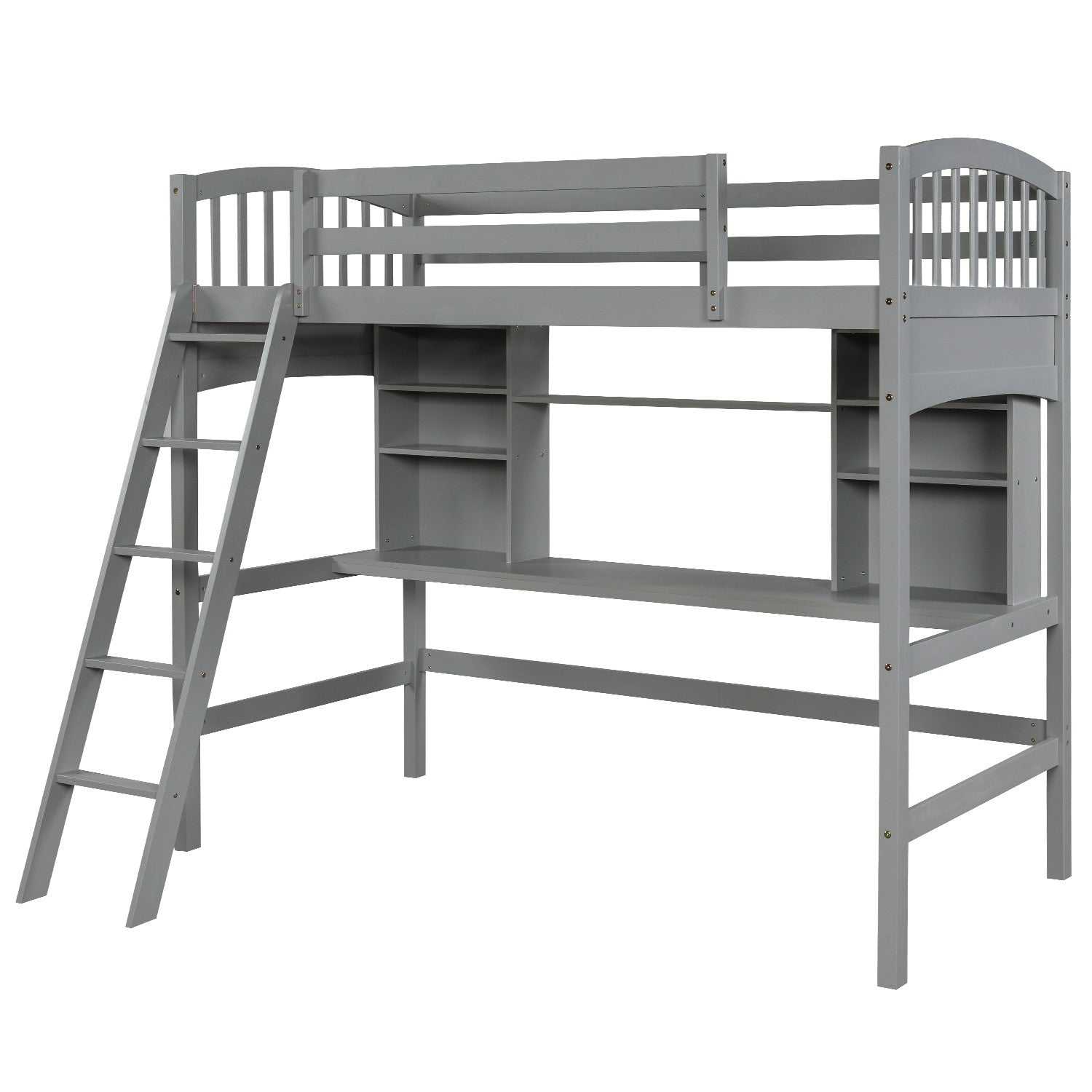 Gray Twin Size Loft Bed With Desk And Shelves By Homeroots | Beds | Modishstore - 3