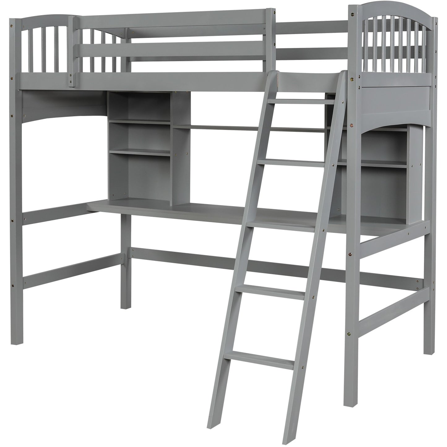 Gray Twin Size Loft Bed With Desk And Shelves By Homeroots | Beds | Modishstore - 4