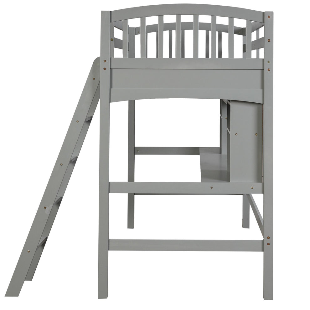 Gray Twin Size Loft Bed With Desk And Shelves By Homeroots | Beds | Modishstore - 6