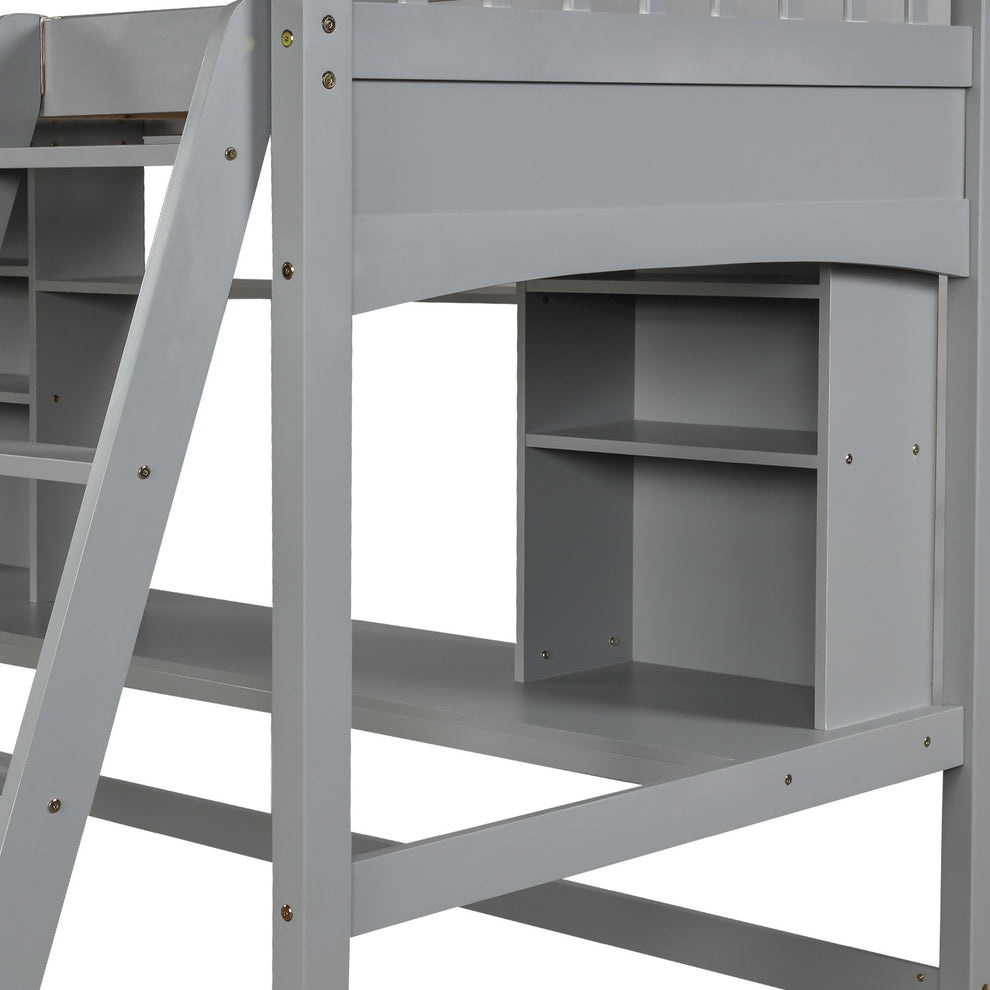 Gray Twin Size Loft Bed With Desk And Shelves By Homeroots | Beds | Modishstore - 8