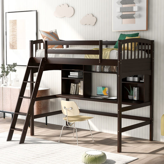Brown Twin Size Loft Bed With Desk And Shelves By Homeroots | Beds | Modishstore