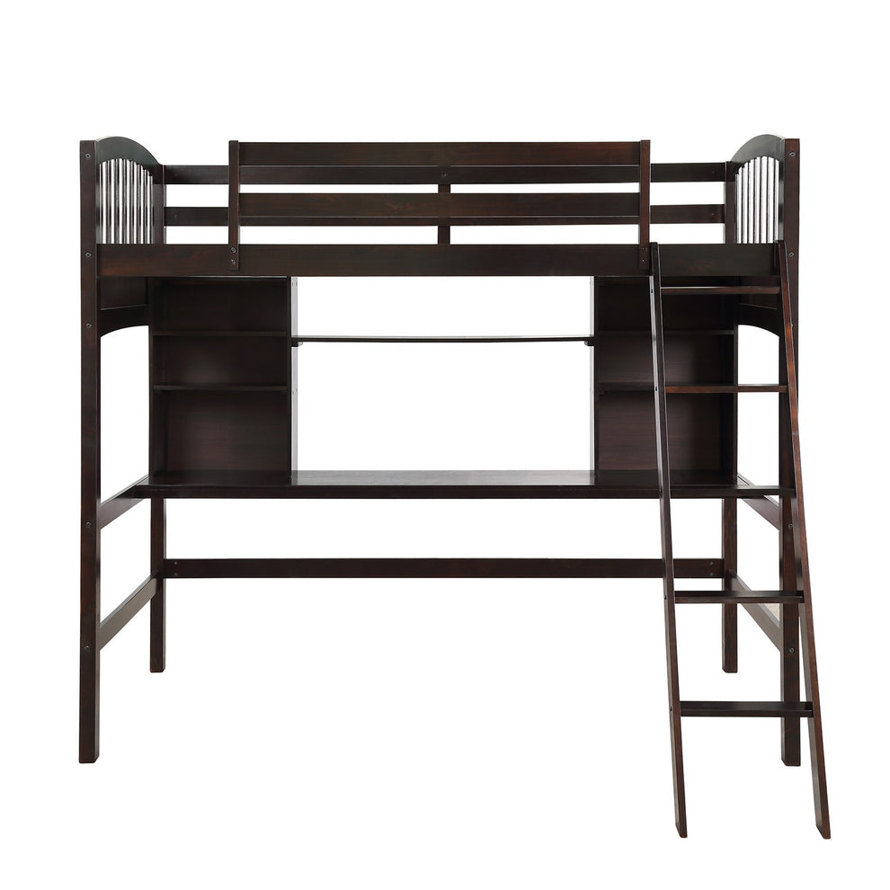 Brown Twin Size Loft Bed With Desk And Shelves By Homeroots | Beds | Modishstore - 4