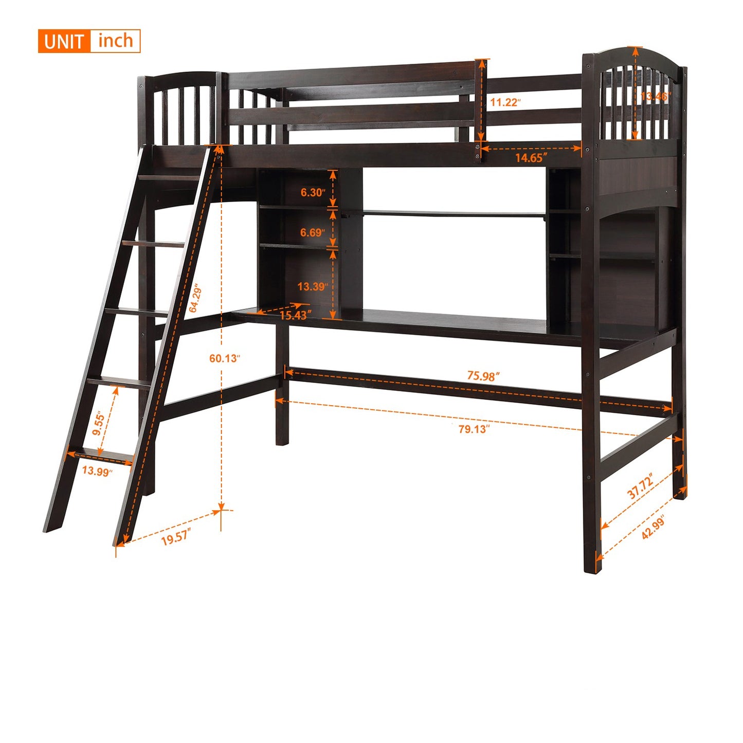 Brown Twin Size Loft Bed With Desk And Shelves By Homeroots | Beds | Modishstore - 6