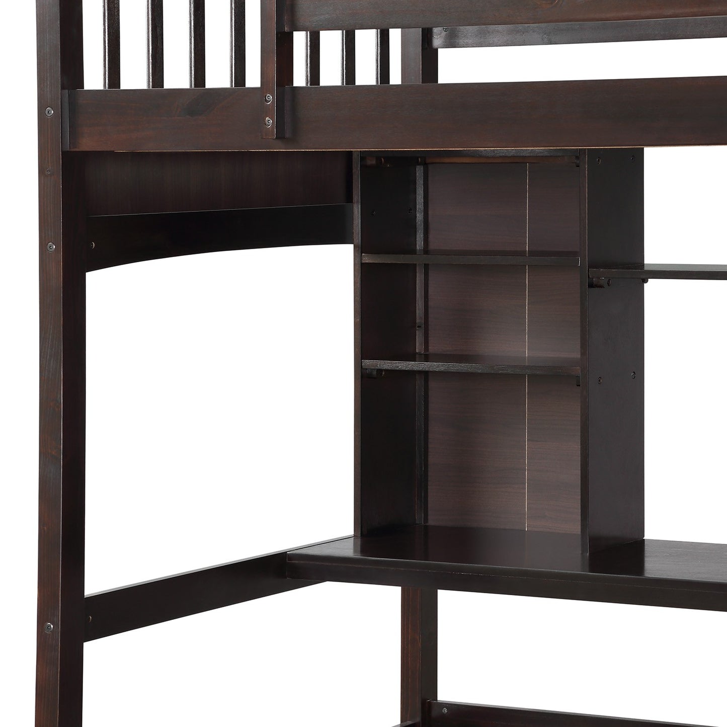 Brown Twin Size Loft Bed With Desk And Shelves By Homeroots | Beds | Modishstore - 7