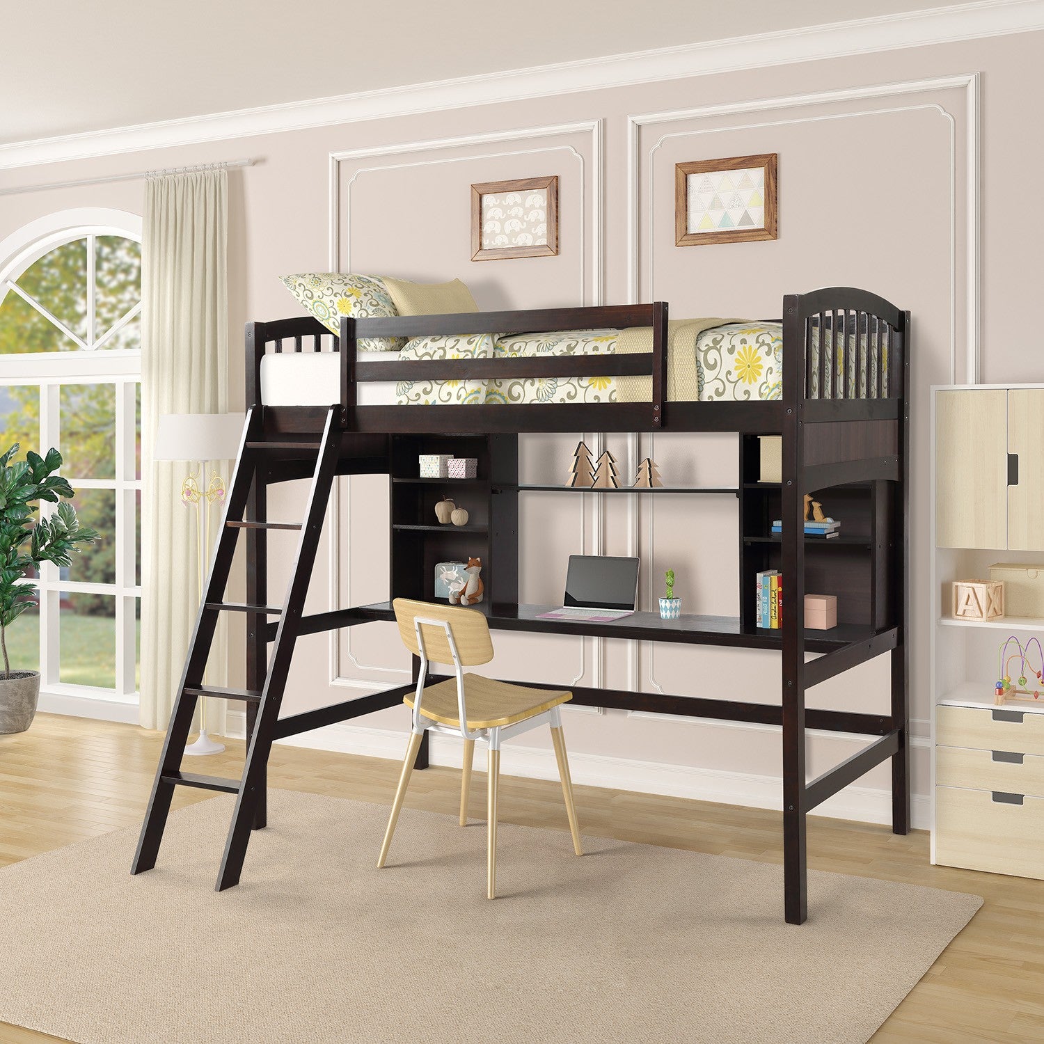 Brown Twin Size Loft Bed With Desk And Shelves By Homeroots | Beds | Modishstore - 9