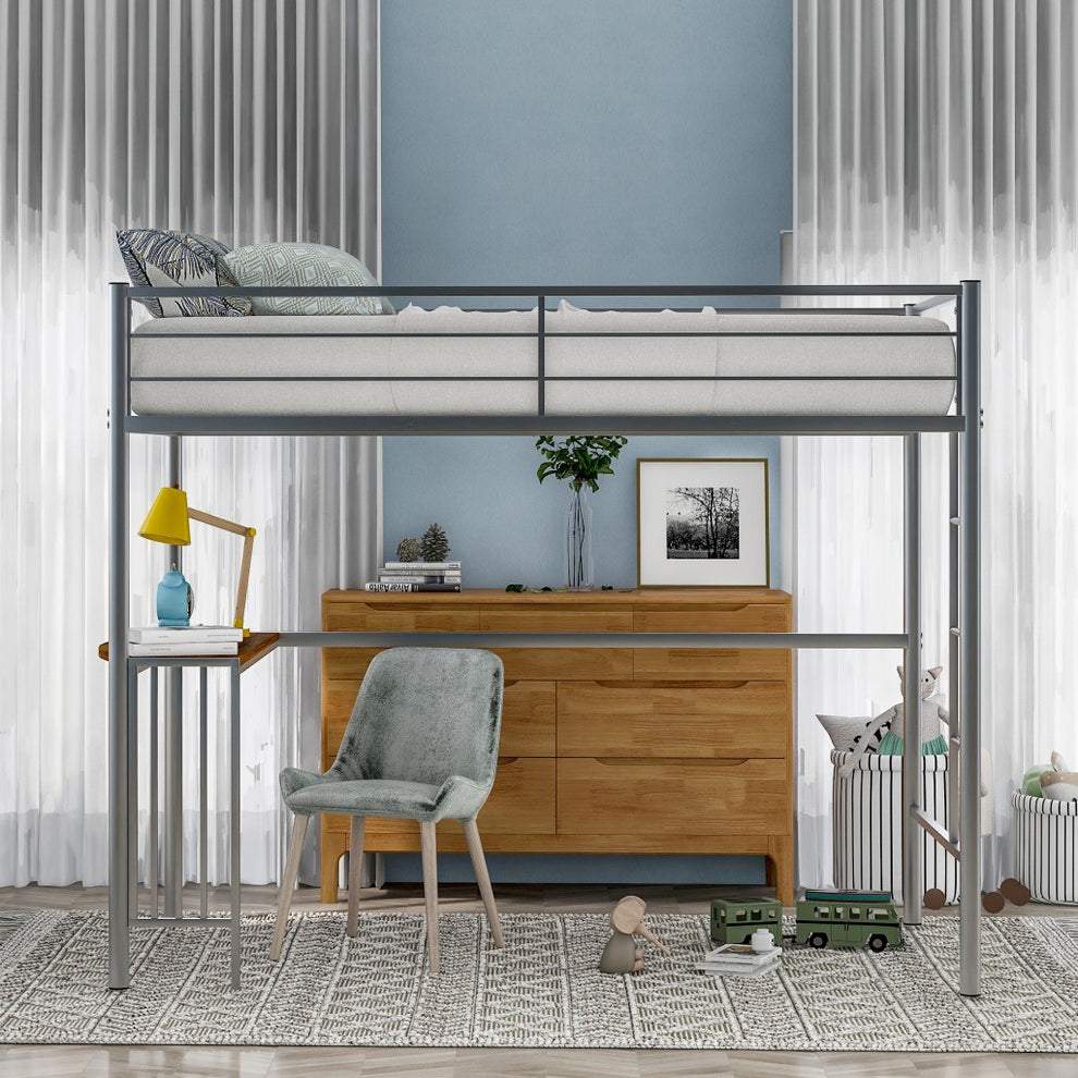 Silver Metal Twin Size Loft Bed With Desk By Homeroots | Beds | Modishstore - 2