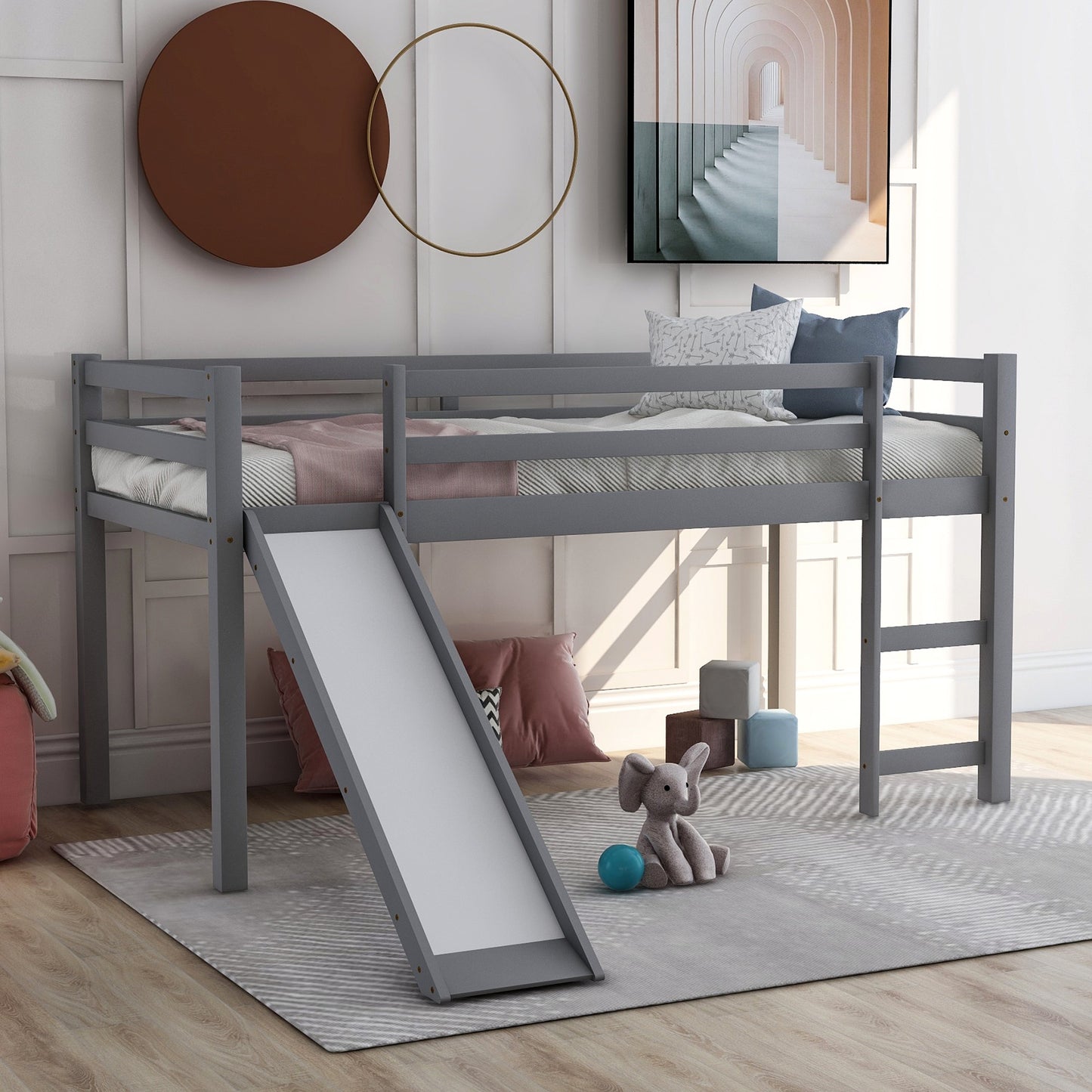 Gray Twin Size Low Loft Bed With Slide By Homeroots - 404078 | Beds | Modishstore - 2
