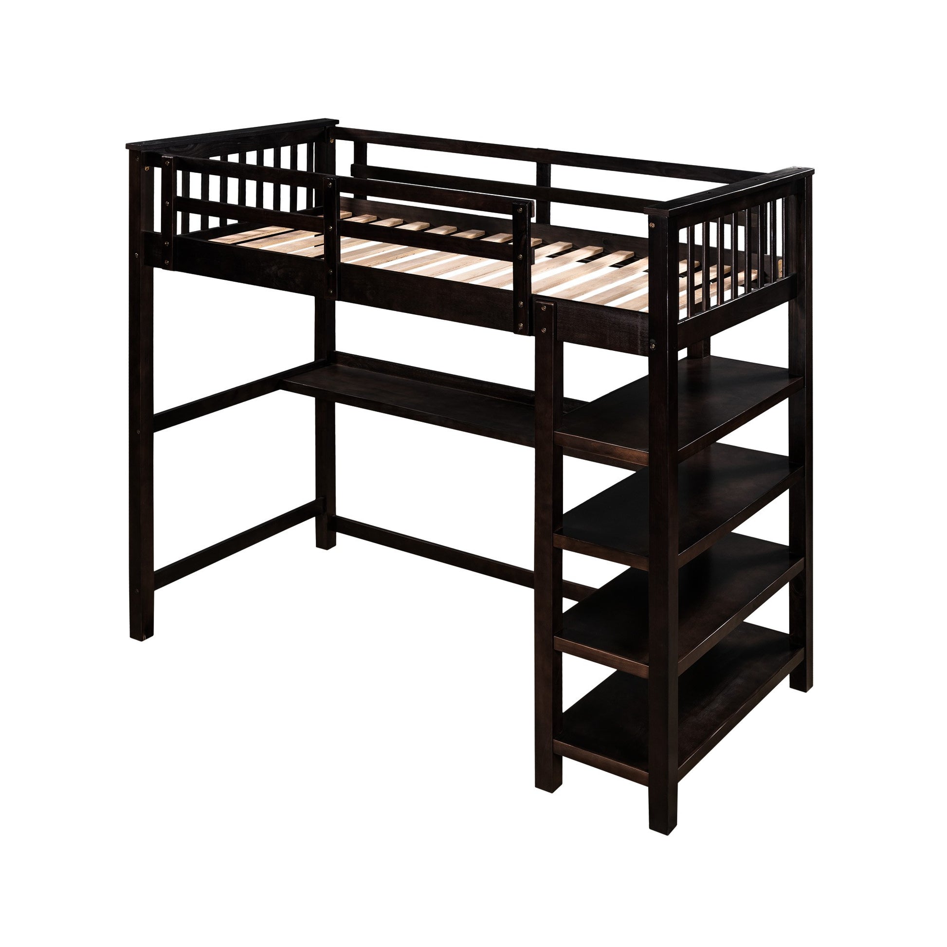 Espresso Twin Size Wood Loft Bed With Storage Shelves And Desk By Homeroots | Beds | Modishstore