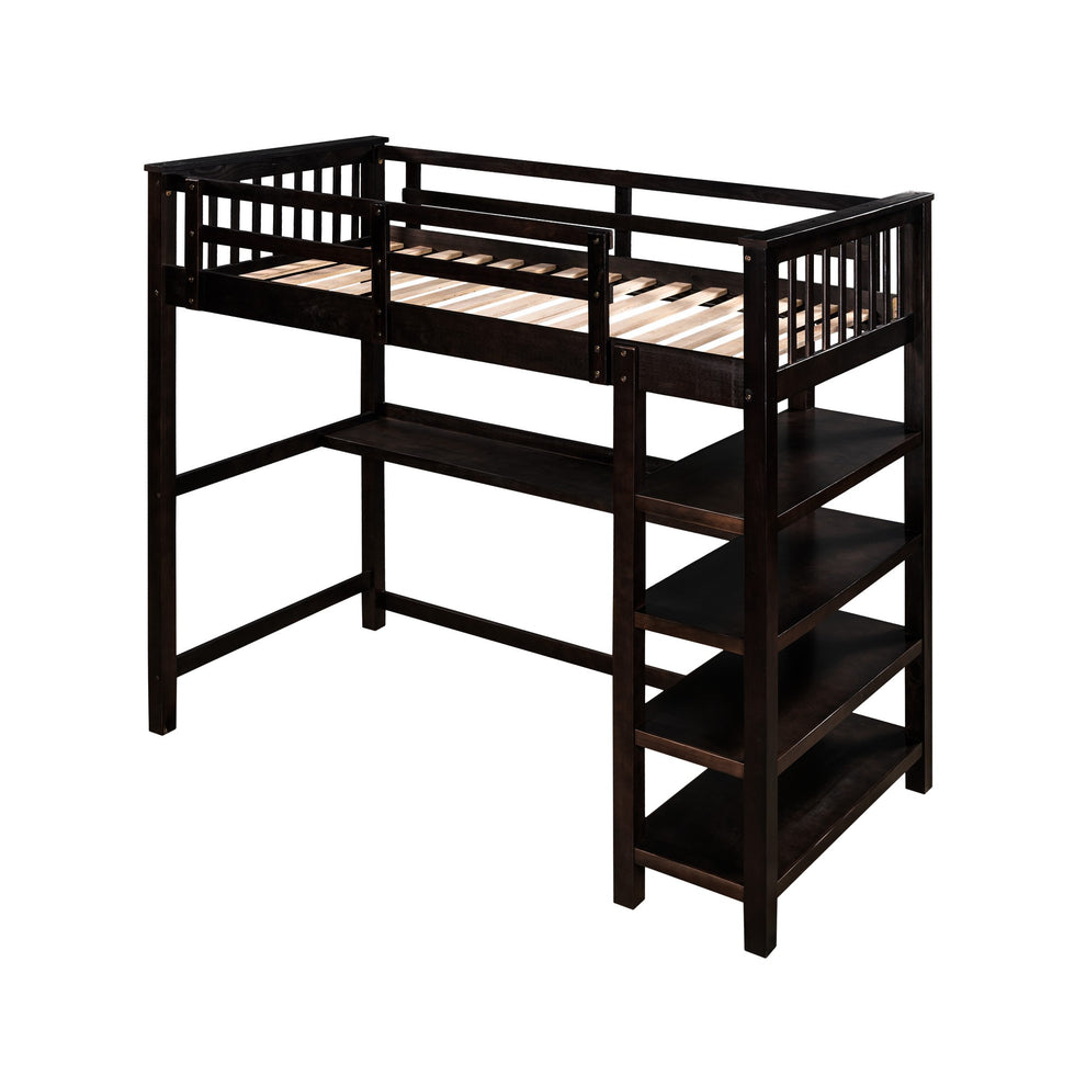 Espresso Twin Size Wood Loft Bed With Storage Shelves And Desk By Homeroots | Beds | Modishstore - 3