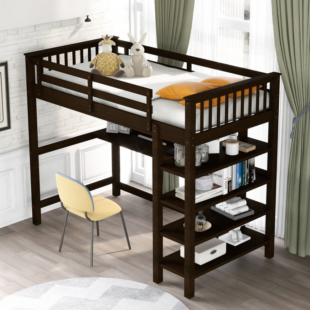 Espresso Twin Size Wood Loft Bed With Storage Shelves And Desk By Homeroots | Beds | Modishstore - 2