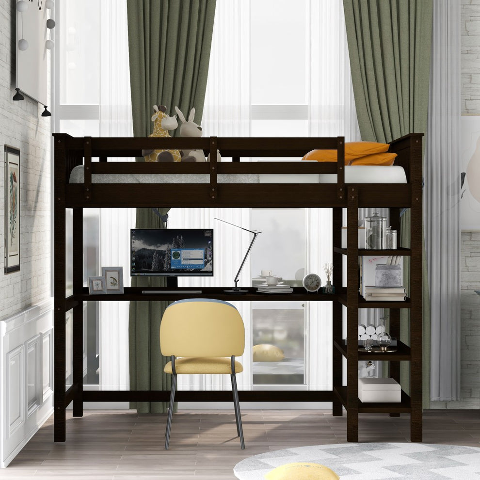Espresso Twin Size Wood Loft Bed With Storage Shelves And Desk By Homeroots | Beds | Modishstore - 4