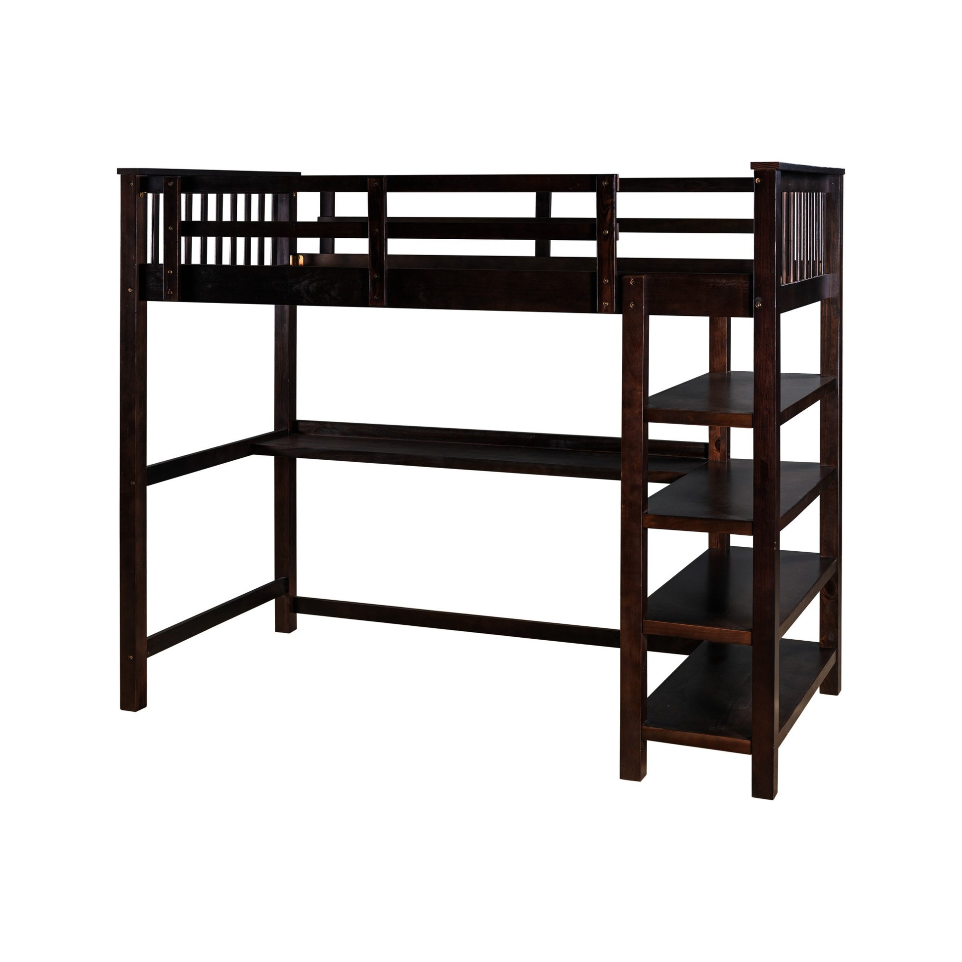 Espresso Twin Size Wood Loft Bed With Storage Shelves And Desk By Homeroots | Beds | Modishstore - 5