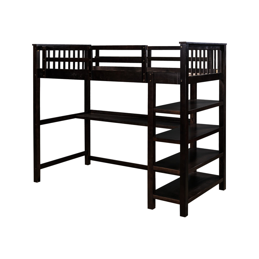 Espresso Twin Size Wood Loft Bed With Storage Shelves And Desk By Homeroots | Beds | Modishstore - 6