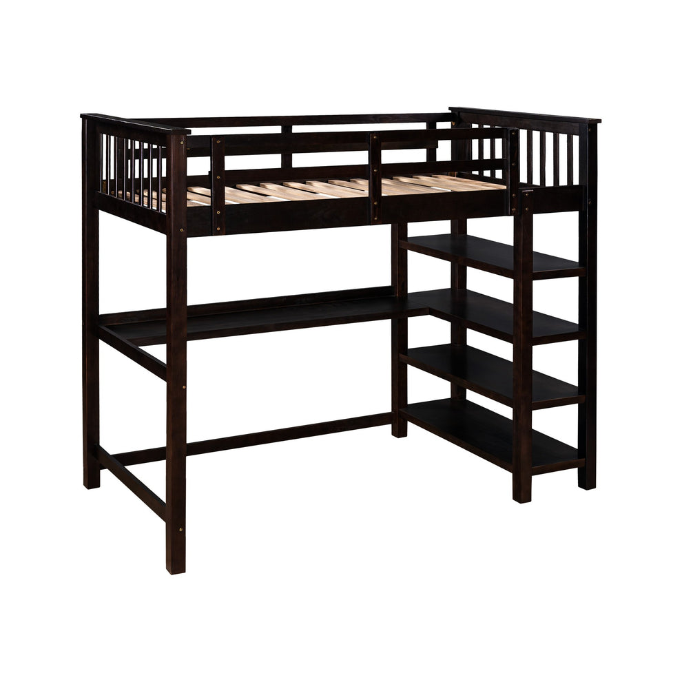 Espresso Twin Size Wood Loft Bed With Storage Shelves And Desk By Homeroots | Beds | Modishstore - 7