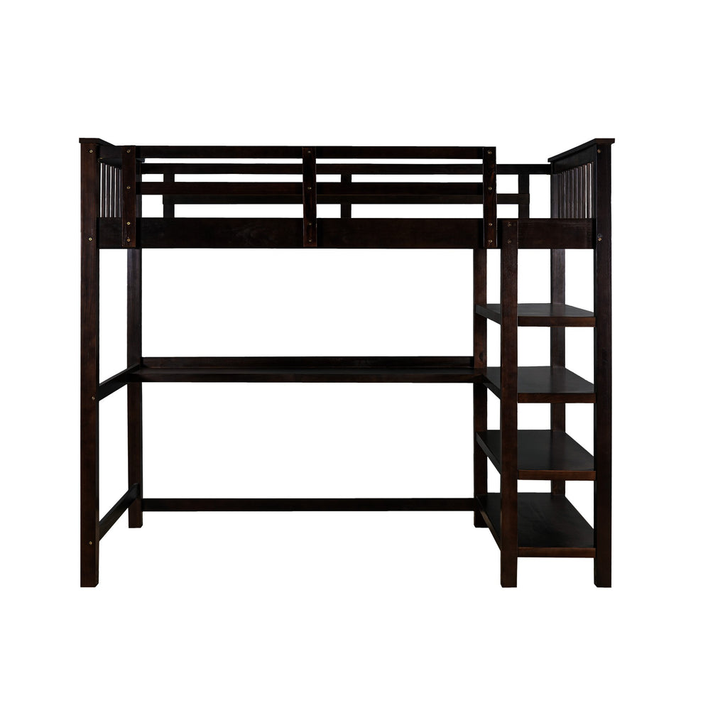 Espresso Twin Size Wood Loft Bed With Storage Shelves And Desk By Homeroots | Beds | Modishstore - 8