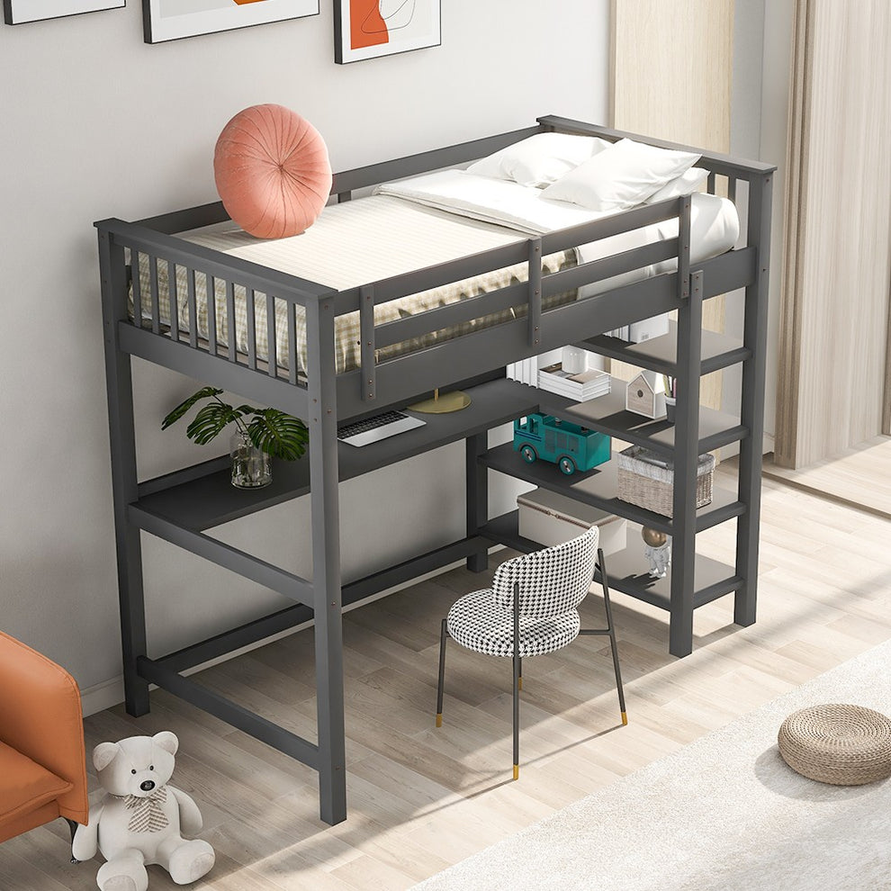 Gray Twin Size Wood Loft Bed With Storage Shelves And Desk By Homeroots | Beds | Modishstore - 2
